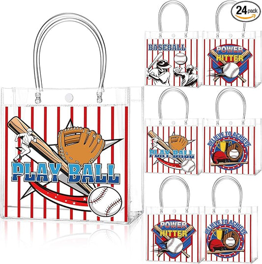 Teenyyou 24 Pcs Baseball Party Favors Bags PVC Clear Goodie Candy Treat Tote Gift Bags with Handles Baseball Theme Birthday Baby Shower Party Supplies