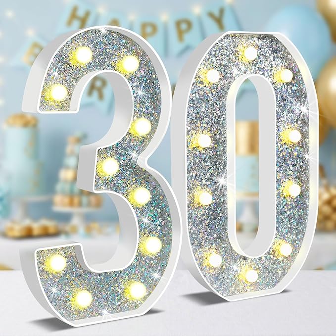 12.6 Inch LED Silver Marquee Light Up Numbers, 30th Birthday Decorations Number Lights as Gifts for Women Men, Glitter Lighted Marquee Numbers for Silver Anniversary Party Table Decor, 30