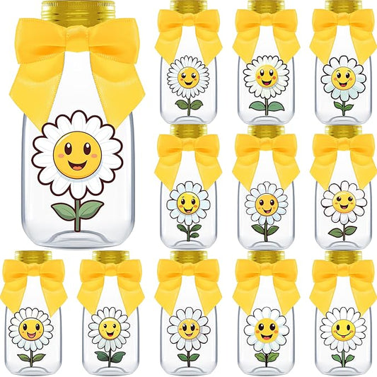 Ethisa Small 12 Pack Daisy Party Favors - DIY Candy Jars with Ribbons and Stickers - Party Decoration Bottles for Birthday, School Classroom and Baby Shower - Flower Table Centerpiece Gifts for Kids