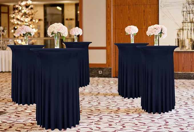 6 Packs Round Cocktail Table Skirt 32"x 43" Spandex Stretch Cocktail Tablecloth with Wavy Drapes, Navy Blue Spandex Fitted High Top Table Covers for Wedding Bar Party Birthday Banquet Tables