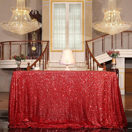 PartyDelight Red Sequin Tablecloth Square Sparkly Table Cloth Overlay 90"x 90"
