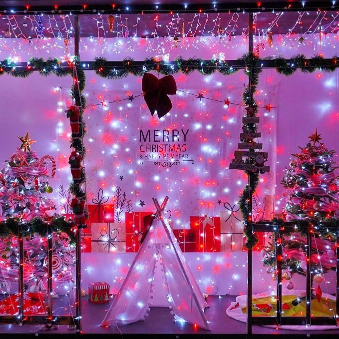 YEGUO Battery Operated String Lights, 2 Pack Each 33ft 100 LED Twinkle Fairy Lights Outdoor Waterproof, 8 Modes Clear Wire Red and White Christmas Lights Indoor with Remote
