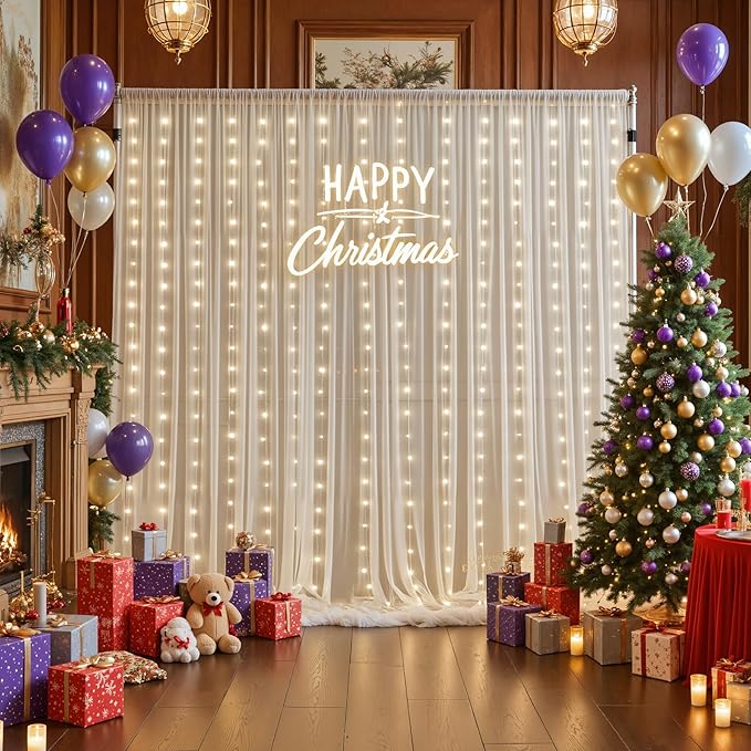 Ivory Tulle Backdrop Curtains with Lights String for Parites Wedding 10×10ft Sheer Backdrop Curtains for Baby Shower Birthday Party Photo Shoot Background Decorations