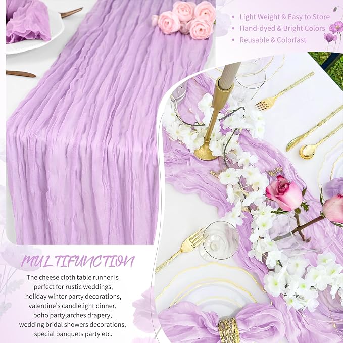 30 Pack Lilac Purple Cheesecloth Table Runner 17 x 108 inch Boho Gauze Table Runner Rustic Sheer Cheese Cloth Table Decorations for Wedding Party Baby Bridal Shower Birthday Holiday Home