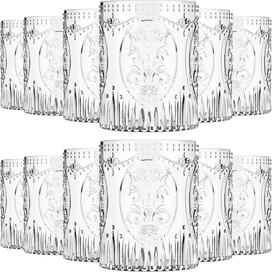 Qinyoung 12 Plastic Vintage Drinking Glasses 8.5oz Stemless Retro Embossed Wine Glasses Shatterproof Reusable Cups for Baby Shower Wedding Reception Grand Event Party (Clear)