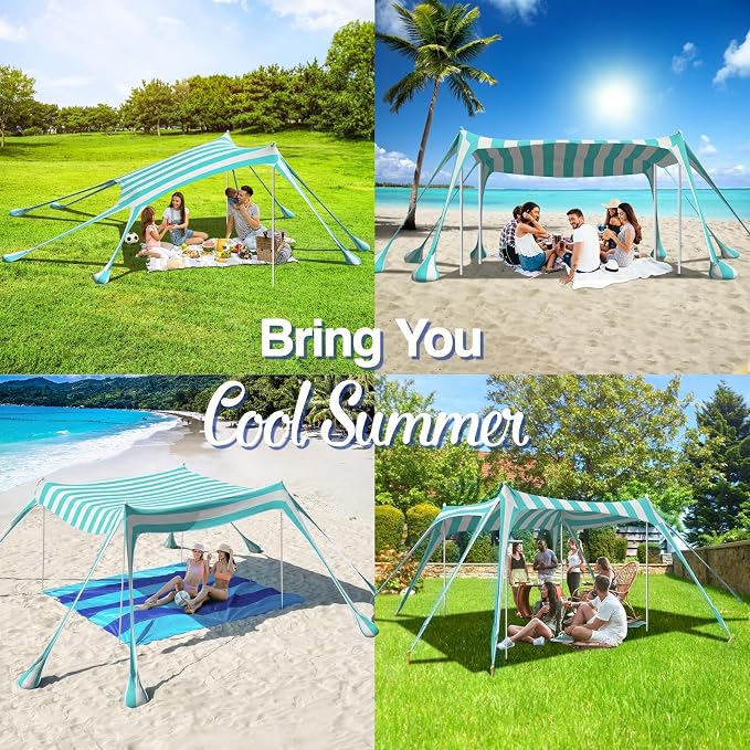 Rhino Valley Beach Tent, 10 x 10 FT Beach Shade UPF50+ Protection, Beach Canopy with 8 Sandbags 4 Stability Poles, Outdoor Beach Tent Sun Shelter Umbrella for Sand, Camping, Fishing,Mint Green Stripes