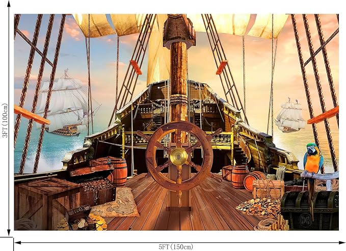Pirate Ship Backdrop for Photography Nautical Treasure Map Old Wooden Deck Kids Boys Happy Birthday Supplies Baby Shower Decorations Banner Background Photo Studio Booth Props 5X3FT