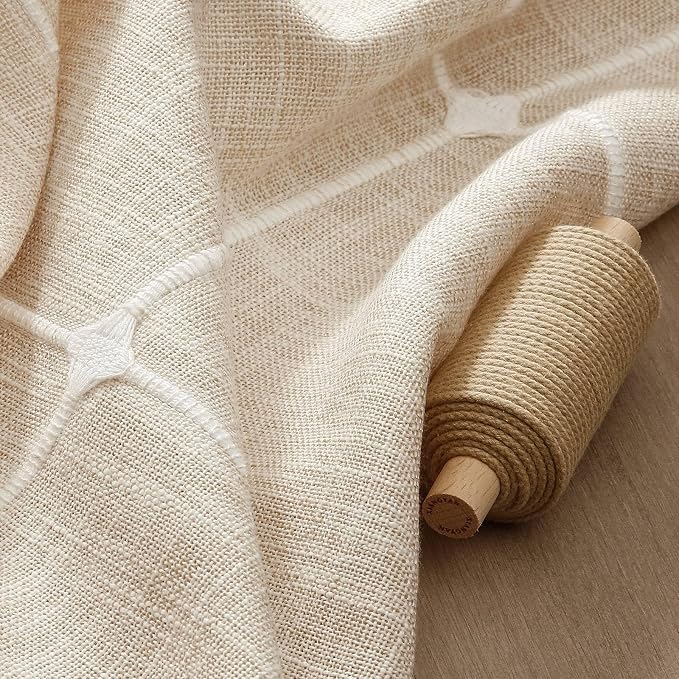 ZeeMart Boho Grid Table Cloth with Tassels (Light Tan, 52" Round), Heavy Weight Linen Checked Embroidered Farmhouse Tablecloth, Water Resistant Round Beige Tablecloths