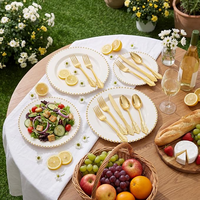 Supernal 360pcs Gold Plastic Silverware Set with Embossed Handles - Vintage Baroque Heavy Duty Disposable Cutlery (120 Forks, 120 Spoons, 120 Knives) | Elegant Gold Utensils for Wedding & Party