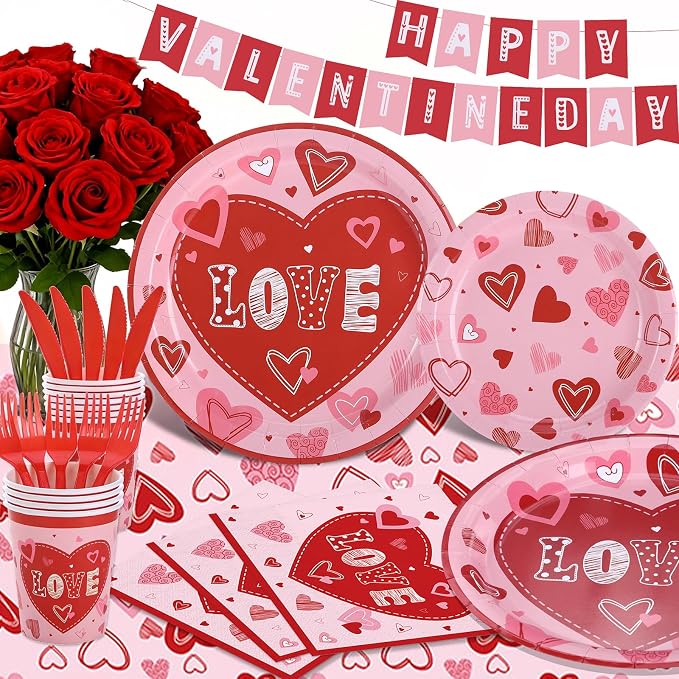 Valentine's Day Heart Love Disposable Tableware Set 194 Pcs Serves 24, Romantic Paper Plates Cups Napkins Forks Spoons Knives for Valentine’s Day Party, Wedding Reception, Anniversary Dinner Supplies