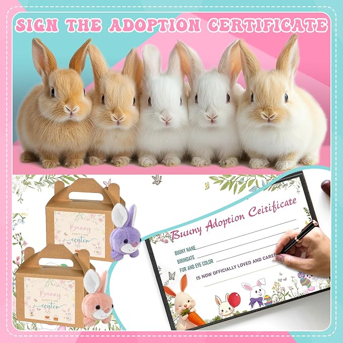 38 Pcs Adopt a Pet Bunny Party Favors Include 12 Mini Plush Easter Bunny 12 Foldable Boxes 12 Adopt Bunny Cards 1 Adopt Sign 1 Adopt Fence for Adopt a Pet Party (Bunny, 12 Set)