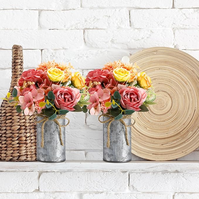 Rustic Vase for Table Centerpieces 4.33 Inch Small Petite Flower Vase with Twine Bow Vintage Farmhouse Decor for Wedding Reception Dining, Home Galvanized Metal Buckets(Iron Color,24 Pcs)