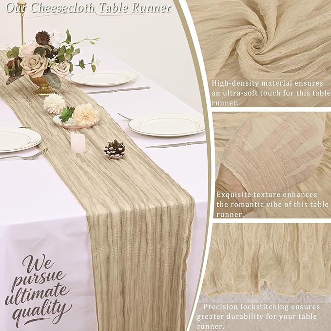 10 Pack Beige Cheesecloth Table Runner 17x108 Inch Semi Sheer Boho Rustic Gauze Cheese Cloth Table Runners for Wedding Party Birthday Baby Shower Home Décor