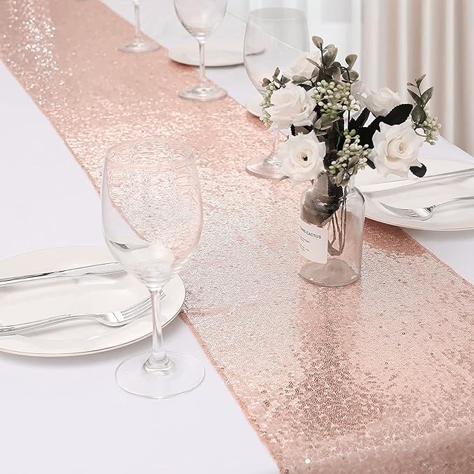 JYFLZQ Rose Gold Sequin Table Runner 12"x72" 10 Packs Glitter Table Runners Sparkly Sequin Runners for Wedding Birthday Party Decorations