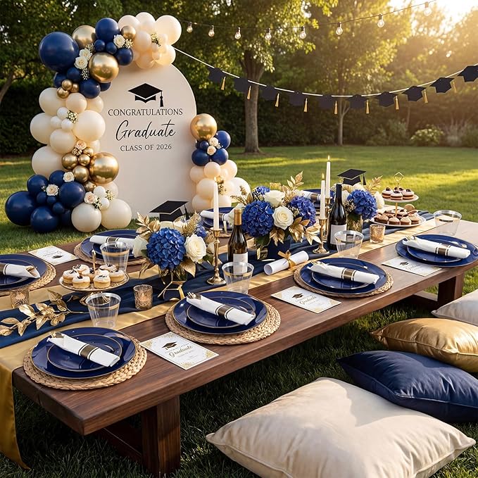 KIRE 175Pcs Blue Plastic Plates - Navy Blue Plates Disposable - 25 for Dinner 25 for Dessert 25 Pre Rolled Napkins with Gold Plastic Silverware and 25 Cups for Birthday/Wedding/Passover/Graduation