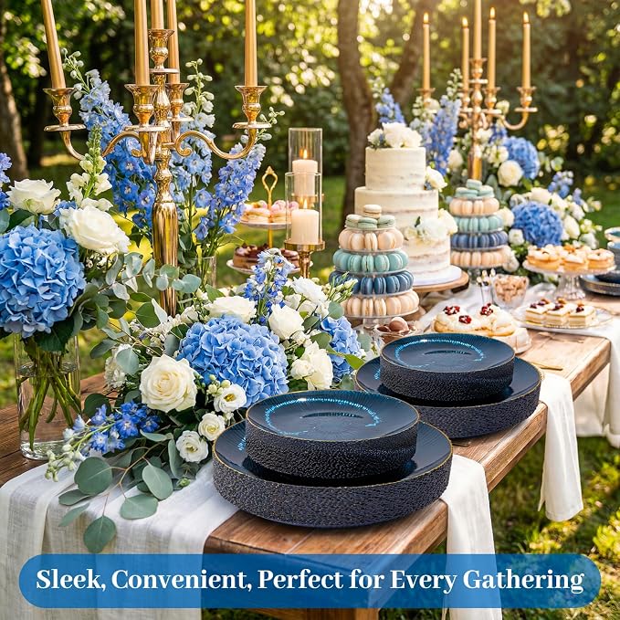 DaYammi 60Pcs Blue Plastic Plates with Gold Rimmed - Disposable Plates for Party Include:30 Dinner Plate 30 Dessert plate,Blue Plate with Radial Texture for Party & Wedding & Dinner