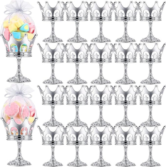30 Pcs Silver Fillable Crown Goblet with Pouch for Candy Box Container Wedding Party Favor Decorative Candy Storage Container Decoration for Chocolate Cake Dessert for Birthday Baby Shower