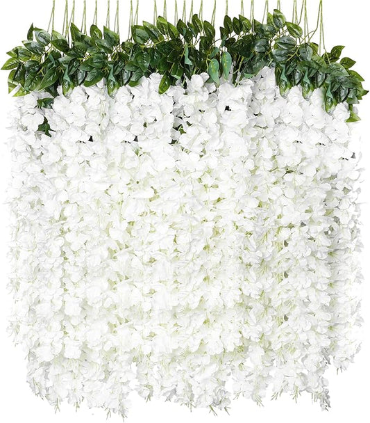 8pcs Artificial Wisteria Flowers 4.58Ft Fake Silk Wisteria Vine Rattan Hanging Flower Garland String for Wedding Arch Party Background Garden Bedroom Home Decor (White)