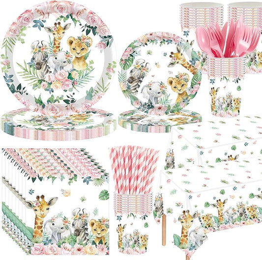 Funnymoom 452 Pcs Safari Birthday Party Supplies Include Jungle Theme Paper Plates Napkins Cups Tablecloth Cutlery Straws for Animal Safari Jungle Wild Birthday Baby Shower Party Decorations