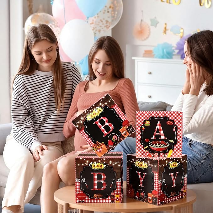 AmazingSpark 4 Pcs BBQ Baby Shower Boxes with Letters BBQ Candy Box Decor with Letters Blocks Newborn Birthday Shower Centerpiece for Party Backdrop