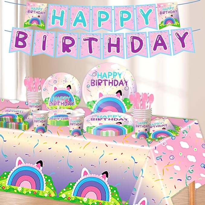 170PCS Dollhouse Birthday Party Decorations, Dollhouse Party Supplies for Kids - Tableware Set with Plates, Cups, Napkins, Cutlery and Banners, Serve 24