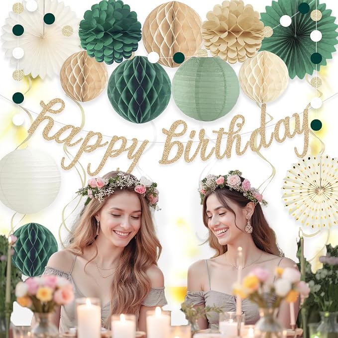 Sage Green Happy Birthday Decorations for Women, Pre-Strung Happy Birthday Banner with Honeycomb Balls, Paper Flowers, Lanterns, Hanging Swirls, Circle Dots Garland for Birthday Party Decor 24pcs