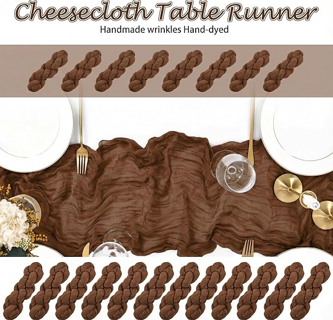 20 Packs Cheesecloth Table Runner 10FT Long Boho Gauze Fabric Table Runner Vintage Rustic Sheer Runners for Wedding Party Bridal Baby Shower Table Decorations (Brown)