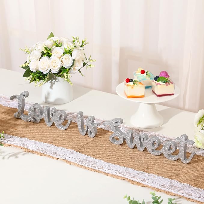 Love Is Sweet Table Decor Hollow Sign Wooden Love Is Sweet Sign for Dessert Table Freestanding Wood Is Wooden Letter Top for Wedding Shelf(Glitter Silver)