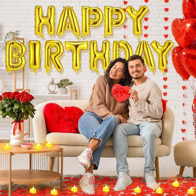 Red and Gold Happy Birthday Balloons Decorations Happy Birthday Letter Balloons Banner Set 24pcs Heart Flameless LED Candles 2000pcs Artificial Rose Petals for Women Men Room Party Decor