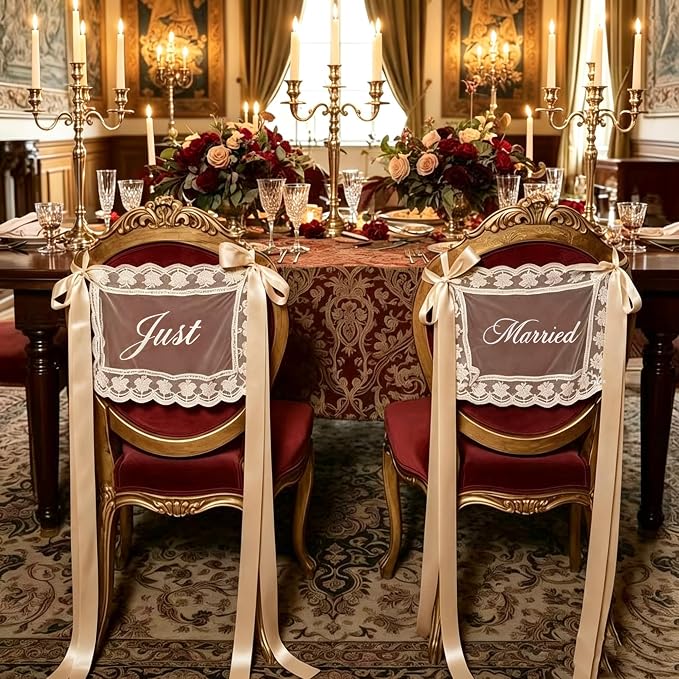 Just Married Wedding Chair Signs for Bride and Groom, Sheer Lace Back Banners with Champagne Ribbon, 2 Piece Set, 17.72 x 13.78 Inch