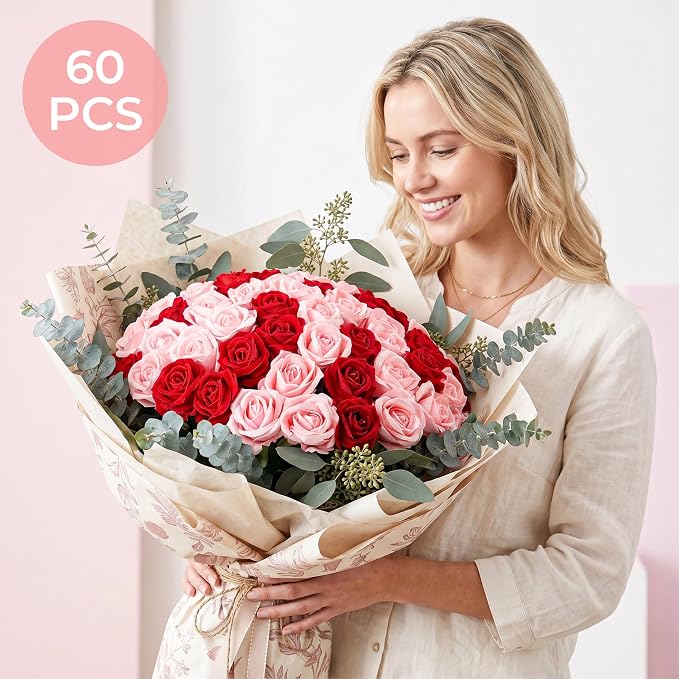Auihiay 60PCS Artificial Roses, Pink and Red Roses, Velvet Silk Roses, Realistic Artificial Flowers for Father's Day, Wedding Centerpieces, Bridal Bouquets, Home Decor, Anniversary, Valentine's Day