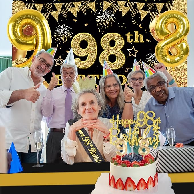 98th Birthday Decorations Men Women with 98th Birthday Banner, Black and Gold Table Cloth, Number Balloons, Large Sash, Cake Topper and Candles