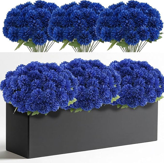 12 Bundle Artificial Mums Flowers for Outdoor Spring Decoration,Faux Ball Chrysanthemums Bouquet Fake Silk Flower for Vase Easter Table Floral Arrangement Wedding Home Decor(12,Deep Blue)