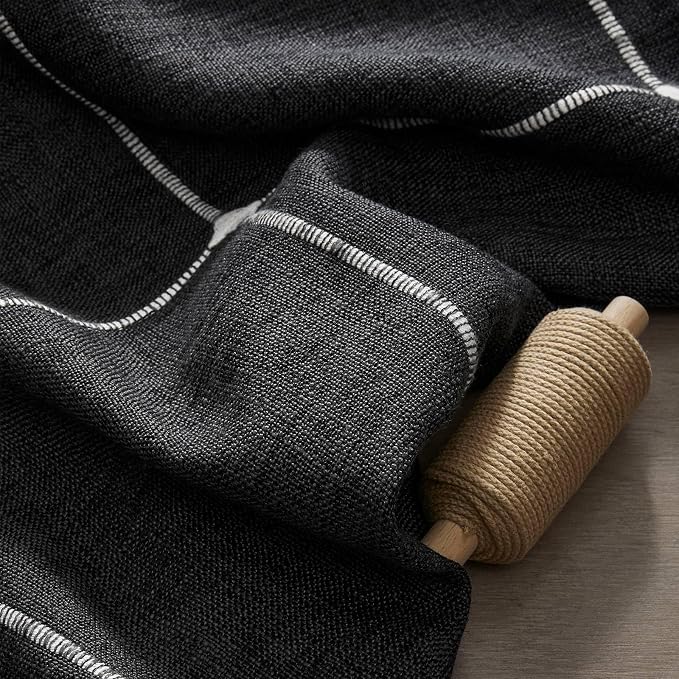 ZeeMart Grid Embroidered Hemmed Tablecloths, Charcoal 60x104 Inch, Farmhouse Style Heavy Weight Cotton Linen Dark Grey Tablecloths, Boho Plaid Water Resistant Rectangle Table Cloth