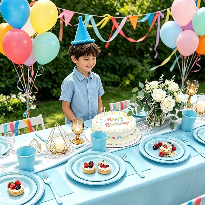 Light Blue Plastic Plates for Party,30 Guest Disposable Blue Party Supplies Including Dinner&Dessert Plate,12oz Cups,Cutlery,Napkins & Tablecloth Dinnerware Decorations for Baby Shower Birthday