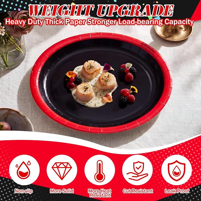 Pajean 350 Pcs Red and Black Party Decorations 12 in Disposable Oval Plates and Napkins Black and Red Heavy Duty Paper Tableware Set for 50 Guests Birthday Baby Shower Wedding Fiesta Party Supplies