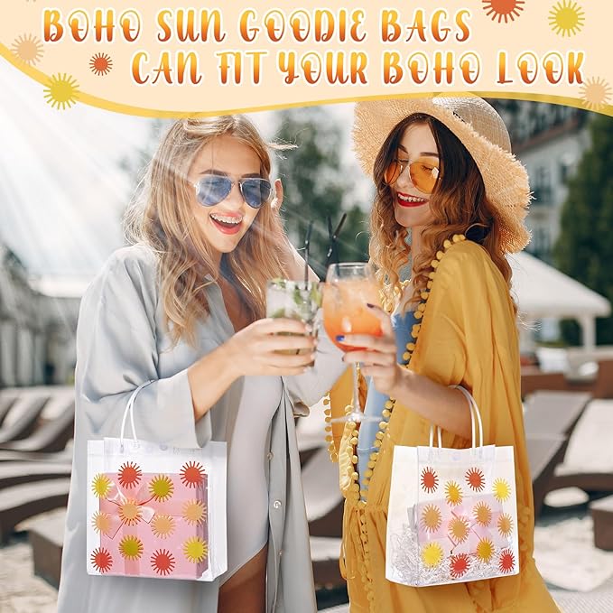 Kacctyen 24 Pcs Boho Sun Pattern Gift Bags for Party Favor Clear Boho Sun Goodie Bags with Handle 7.87 x 7.87 x 3.15 Return Gift Wrap Totes for Guests Treat Candy Wrapping