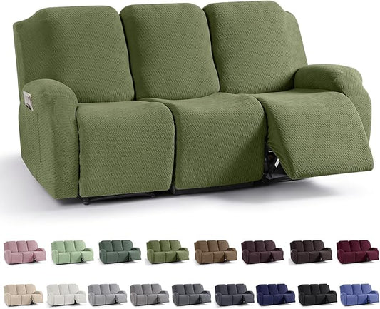 KinCam Recliner Covers, Stretch Reclining Chair Covers, Recliner Sofa Slipcovers Stripe Jacquard Recliner Couch Covers Furniture Protector Covers for Pet Kid (3 Seater, Olive Green)