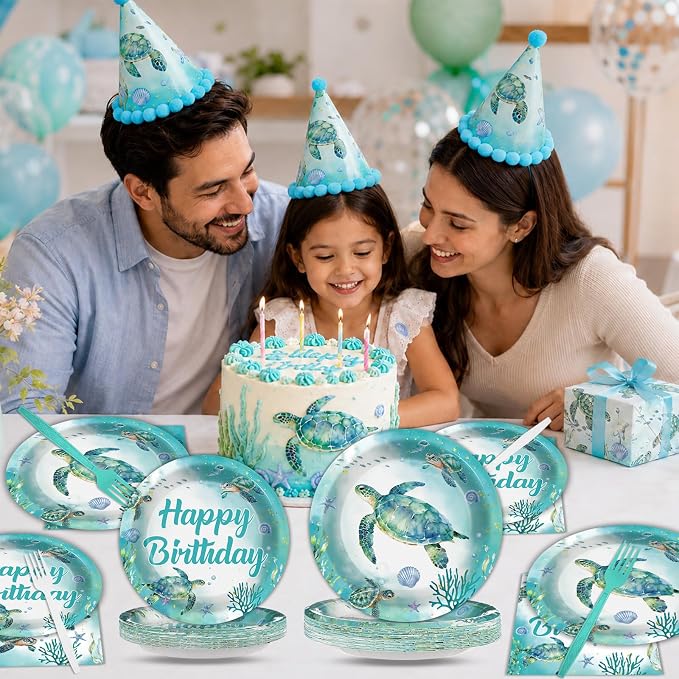96Pcs Ocean Turtle Birthday Party Decorations Ocean Sea Party Tableware Turtles Paper Disposable Plates Napkins Under the Sea Animal Supplies for Pool Beach Underwater Birthday Decor Serves 24 Guests