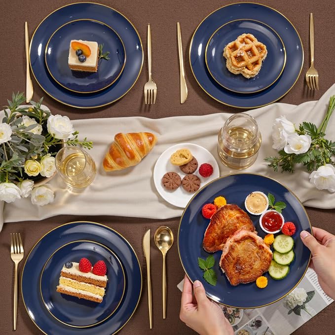 bUCLA 200PCS Blue Plastic Plates - Navy Blue Disposable with Gold Rim Include 100 Each (10 inch Dinner & 7 inch Dessert) Plates, Ideal for Party & 4th of July