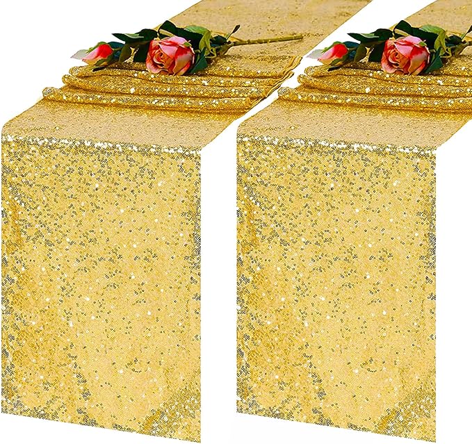 2 Pack Gold Sequin Table Runner 12x108 Inch, High Density Sparkly Glitter Table Runners for Wedding Reception, Party Decorations, Birthday Banquet, Shimmering Gold Decor