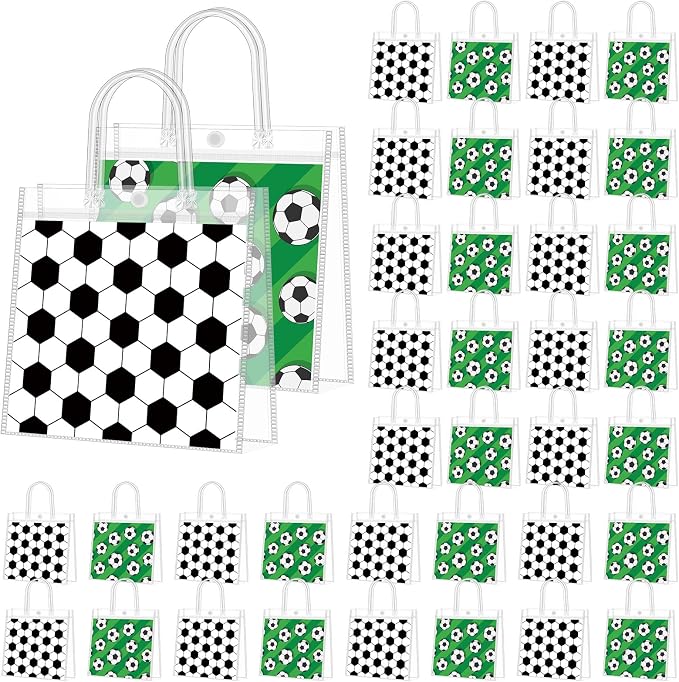 Supervitae 36 Pcs Soccer Clear Favor Bags with Handle Reusable Plastic PVC Sports Gift Bag Goodies Treats Totes for Birthday Wedding Summer Party Supplies, 8 x 8 x 3.15 Inch