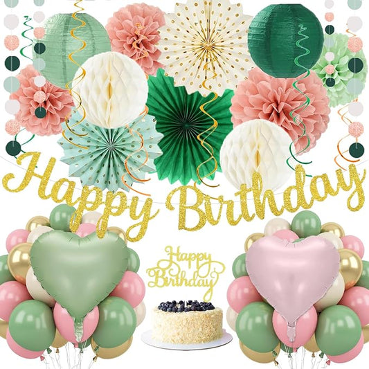 Sage Green Pink Birthday Decorations - 62pcs Happy Birthday Banner, Olive Retro Beige Paper Lanterns Pom Poms, Green Pink Balloons , Neutral Streamers Garland, Birthday Decorations for Women Girl Boys