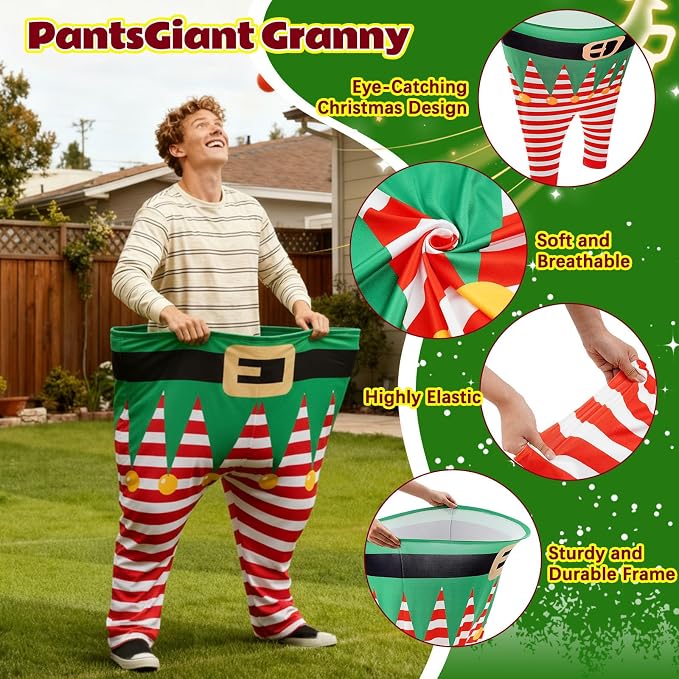 21 Pcs Christmas Granny Pants Outdoor Game, 4 Giant Granny Funny Pants with 1 Pump 12 Bouncy Balls & 4 Christmas Glasses, Holiday Tossing Game for Adults Family Yard Party