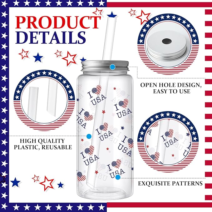 Skylety 30 Pcs 4th of July Plastic Cups with Lids and Straws 13.5 oz Independence Day Plastic Cups Reusable Cute Tumbler for 250th Anniversary 4th of July Party Favor Patriotic Supplies