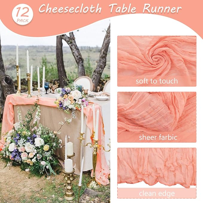12 Pack 13Ft Cheesecloth Table Runner 35x157 Inch Boho Gauze Table Runner Cheese Cloth Long Table Runners Rustic Table Runners for Wedding Bridal Shower Birthday Party Table Decor (Peach Coral)