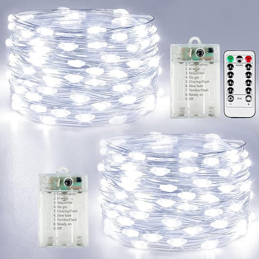 2 Pack Fairy Lights Battery Operated with Remote Control & Timer, Each 26FT 80 LED String Lights Outdoor Indoor, 8 Modes Twinkle Light for Christmas Party Wedding Birthday Bedroom Décor (Cool White)