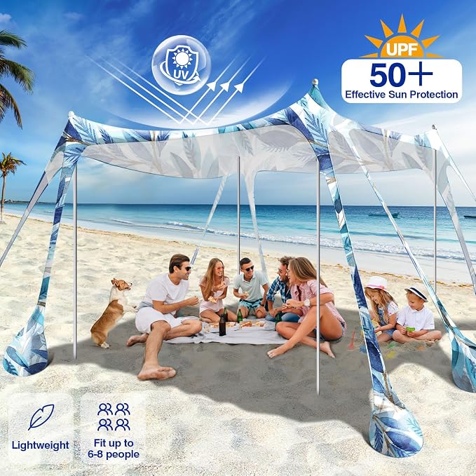 Rhino Valley Beach Tent,10x10 FT Beach Shade UPF50+ Protection,Beach Canopy with 8 Sandbags 4 Stability Poles,Outdoor Beach Tent Sun Shelter Umbrella for Sand,Camping,Fishing Essential,White Blue Leaf