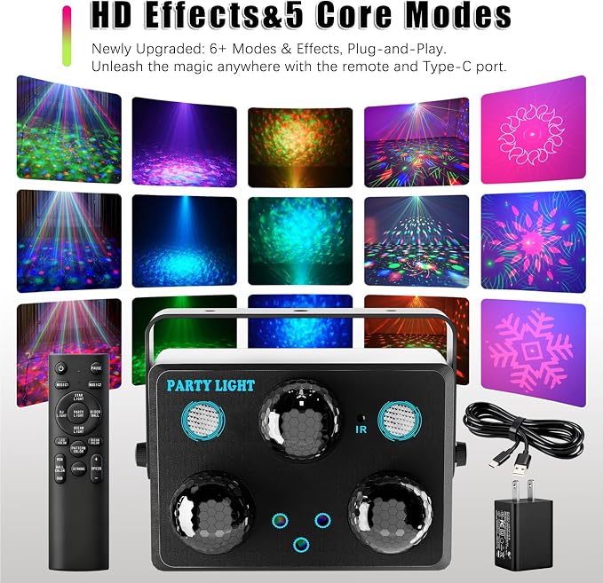 Disco Ball Party Lights,DJ Disco Light Sound Activation & Remote Control Stage Lighting with Star Projector, Ocean Wave and LED Strobe for Home Christmas Birthday Wedding Bar and Club Decorations