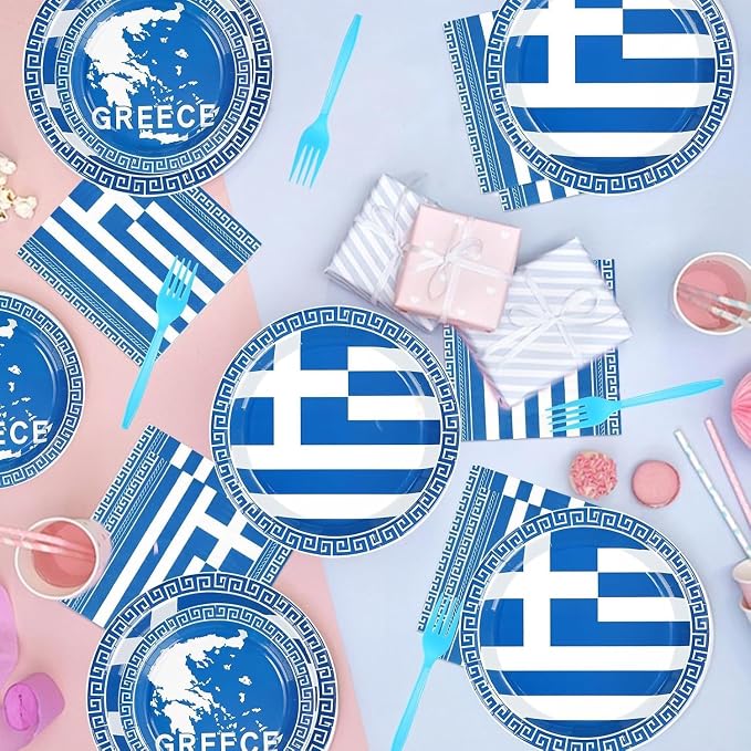 96PCS Greek Flag Birthday Party Supplies Greece Flag Plates Disposable Greek Paper Tableware Set for Blue Greece Independence Day Birthday Decorations Family Gathering Dining Celebration, Serves 24
